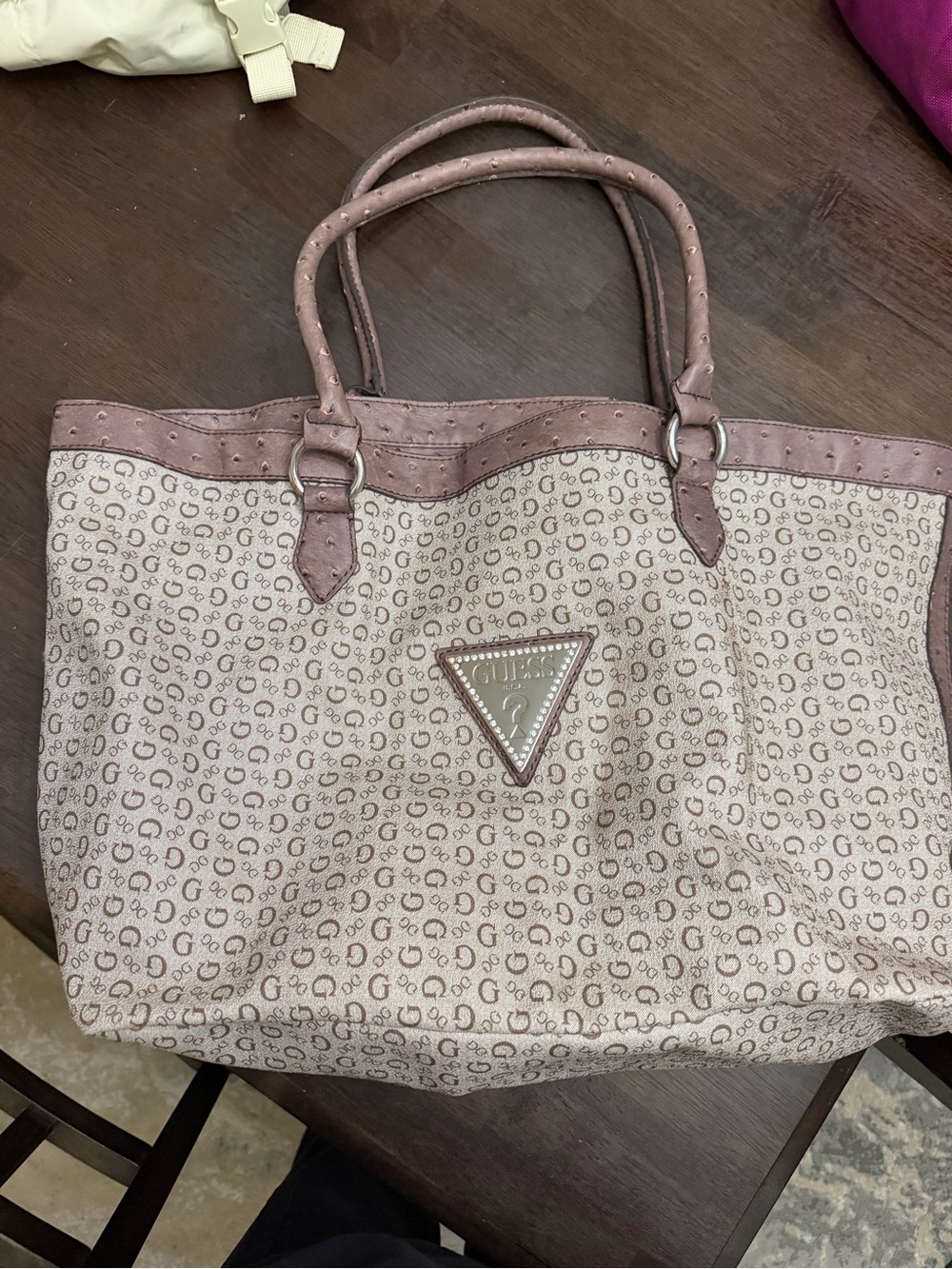 Guess Beige and Dusty Pink Logo-Print Tote